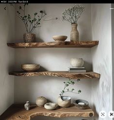 three wooden shelves with vases and plants on them