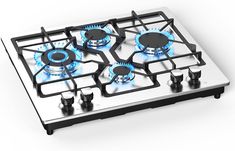 an image of a gas stove with blue flames