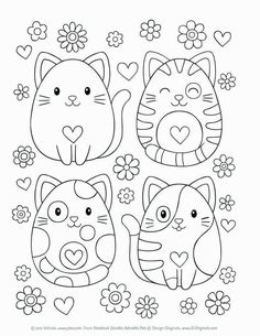 three cats with hearts and flowers in the background