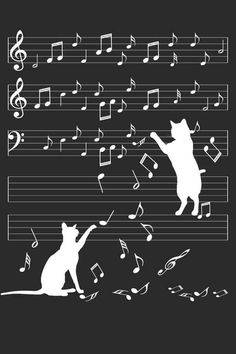 two cats playing with musical notes on a black background