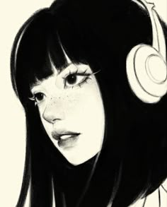 a black and white drawing of a girl with headphones on her ears, looking to the side