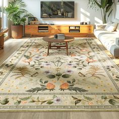 a living room filled with furniture and a large rug