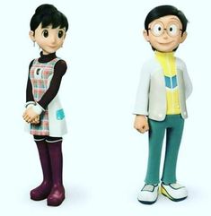 two cartoon characters standing next to each other on a white background, one is wearing glasses and the other has short black hair