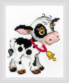 a black and white cow with a bell in it's mouth cross stitch pattern