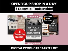 the 5 essential tools for digital products starter kit is shown in front of a pink background