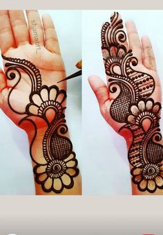 two hands with hendi designs on them and the words mehndi designs above it