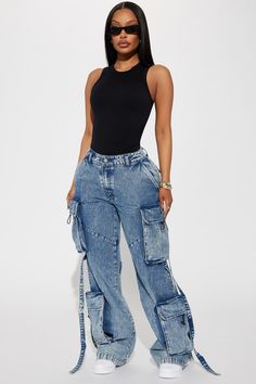 Strap It Down Cargo Jeans - Acid Wash Blue | Fashion Nova Cargo Jeans Outfit Women, Acid Wash Jeans Outfit, Wash Jeans Outfit, Fashion Nova Outfits, Fashion Top Outfits, Hacks Clothes, Effortlessly Chic Outfits, Racerback Top, Summer Fashion Dresses