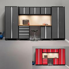 two garage cabinets are shown with the doors open and one has a workbench in it