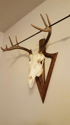 a deer's head mounted on the side of a wall with antlers attached to it