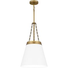 a light fixture with a white glass shade hanging from it's brass chain frame