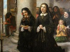 a painting of two women standing next to each other in front of a group of people