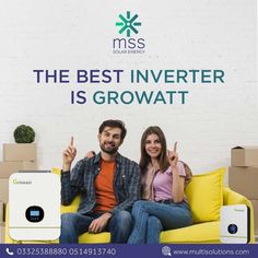 a man and woman sitting on a couch in front of boxes with the words, the best inverter is growat