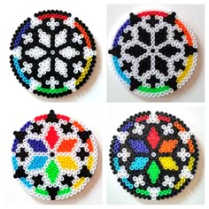 three different designs of beaded coasters on a white surface, one is black and the other is multicolored