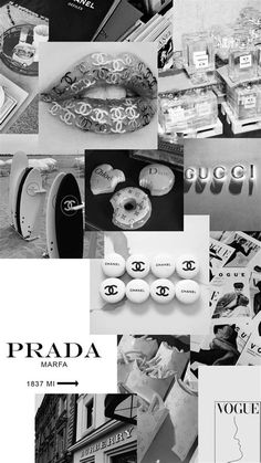 black and white collage with various items in it's center, including an advertisement for prada