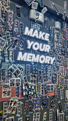 a wall with many different pictures on it and the words make your memory written above them