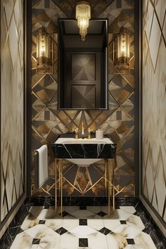 a black and white tiled bathroom with gold accents on the wall, marble countertop and sink