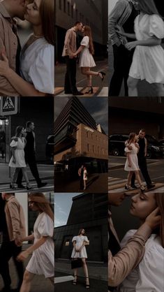 the collage shows people walking and kissing on the street in different poses, with one woman wearing a white dress