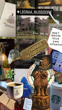 a collage of photos with coffee cups and other items