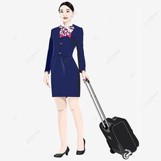 a woman in an airline uniform pulling a suitcase, cartoon, character png and psd