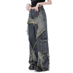 High Street Niche Oversize Stitching Baggy Jeans Fabric: Cotton Size: S, M, L, XL, 2XL Color : Blue, Applicable Scene: Leisure, Daily Loose Wide Leg Pants, Denim Pants Fashion, Street Jeans, Denim Decor, Patchwork Jeans, Baggy Pants, Mode Inspo, 가을 패션, Mode Vintage