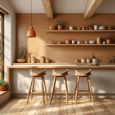 three wooden stools sit in front of a counter