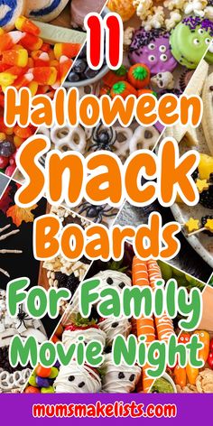 Halloween charcuterie boards with sweet and salty snacks and treats and spooky designs for kids Halloween Movie Night Snack Tray, Halloween Movie Party For Kids, Kids Halloween Movie Night, Halloween Charcuterie Board For Kids, Family Movie Night Food, Halloween Movie Night Ideas, Charcuterie Board For Kids, Spooky Charcuterie Board