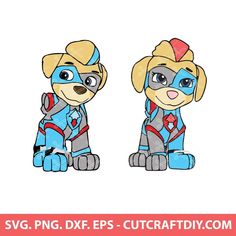 two cartoon dogs with blue and red costumes