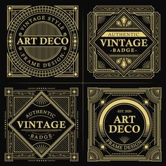 art deco badges and emblems in gold color on black background stock photo, royalty