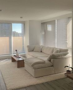 a living room filled with furniture and large windows