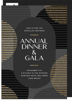 an elegant dinner and gala party with black, gold and white stripes on the front