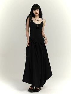 Middle Aged Goth Fashion, Black Alternative Dress, Masc Dresses, Goth Dress Long, Black Long Slip Dress, Whimsical Goth Fashion, Museum Fits, Painted Leather Jacket, Black Long Dress