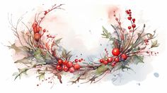 watercolor painting of red berries and green leaves