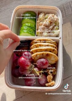 a lunch box with grapes, cucumbers, chicken salad and crackers in it