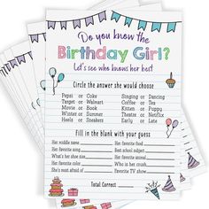 three birthday party games for girls with balloons and flags on the top, one is written in