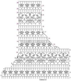 the crochet pattern is shown in red and white, with numbers on each side