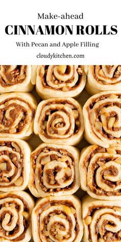 cinnamon rolls with pecan and apple filling in the middle, stacked on top of each other