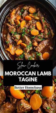 beef stew with carrots and parsley in a black bowl on top of a table