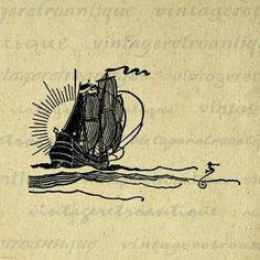 an old fashioned drawing of a ship in the ocean with sun rays coming from it