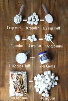 the ingredients for marshmallows are displayed on a wooden table with text above it