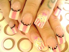 Denise Groves' cupcake manicure.  Striped French with pink cupcake accent nail. Pink White Acrylic Nails, Cupcake Nail Art, Cupcake Nails, Cupcakes Pink, Couture Nails, Spring Nail Trends, Gothic Nails, White Acrylic Nails, Seasonal Nails