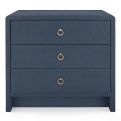 a blue nightstand with three drawers and two handles on each drawer, in front of a white background