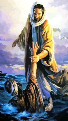 a painting of jesus walking in the water with his hand up to another person's head