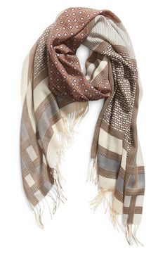 An artful print washes across a lusciously soft fringed scarf spun from a rich blend of wool and cashmere. 75" x 29"; 3" fringe 70% wool, 30% cashmere Dry clean Imported Cashmere Wrap, Wrap Scarf, Scarf Wrap, Cashmere, Dry Clean, Nordstrom, Wool, Grey