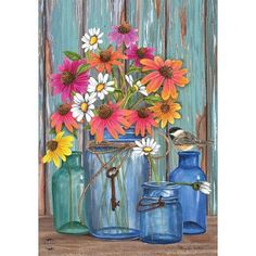 a painting of colorful flowers in blue vases