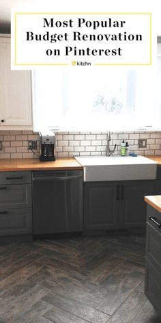 the most popular budget renovation on pinterest is this kitchen with gray cabinets and white subway backsplash