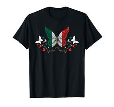 a black t - shirt with red, white and green butterflies on it