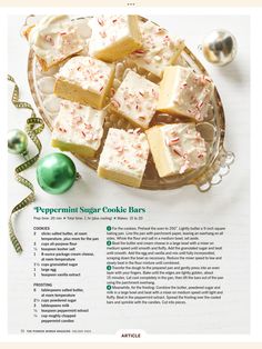 the recipe for peppermin sugar cookie bars is shown