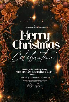 merry christmas celebration flyer template with lights and firs on the tree in front of it