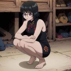 an anime character sitting on the floor in front of shelves with shoes and other items