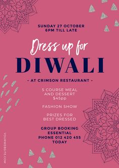 a pink poster with the words dress up for diwali